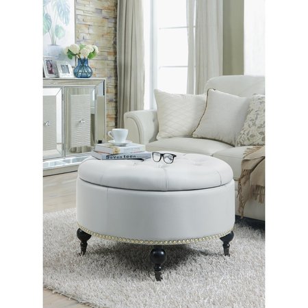 CHIC HOME Chic Home FON2920-US Keller Round Ottoman Hidden Storage PU Leather Upholstered Button Tufted Nail Head Trim Carved Espresso Wood Legs; Modern Transitional; Cream White FON2920-US
